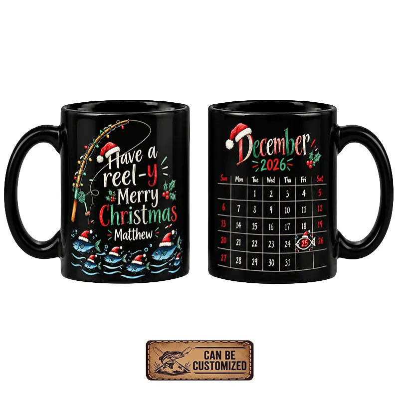 Personalized Have a Reel-y Merry Christmas 2026 Black Fishing Mug