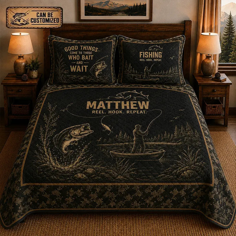 Good Things Come to Those Who Bait and Wait Quilted Bedding Set
