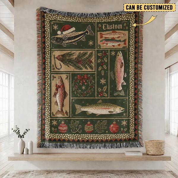 Personalized Vintage Christmas Fishing Tassels Blanket