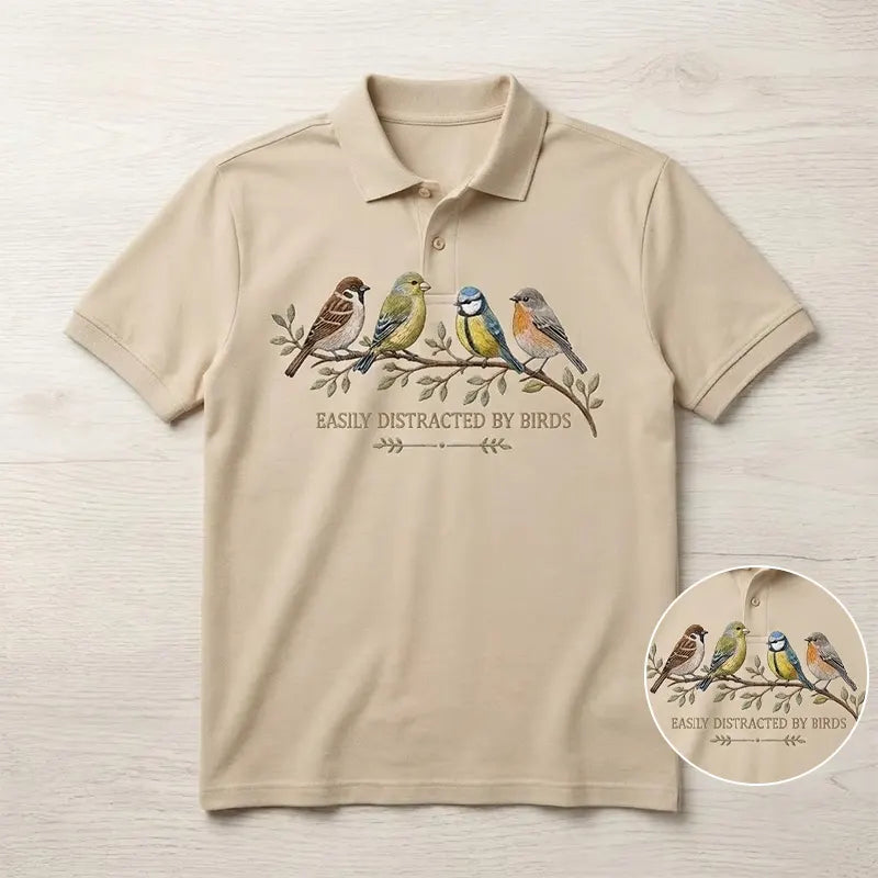 Easily Distracted by Birds Embroidered Polo Shirt