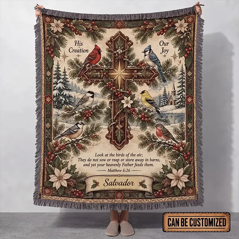 His Creation Our Joy Christmas Birds Cross Tassels Blanket