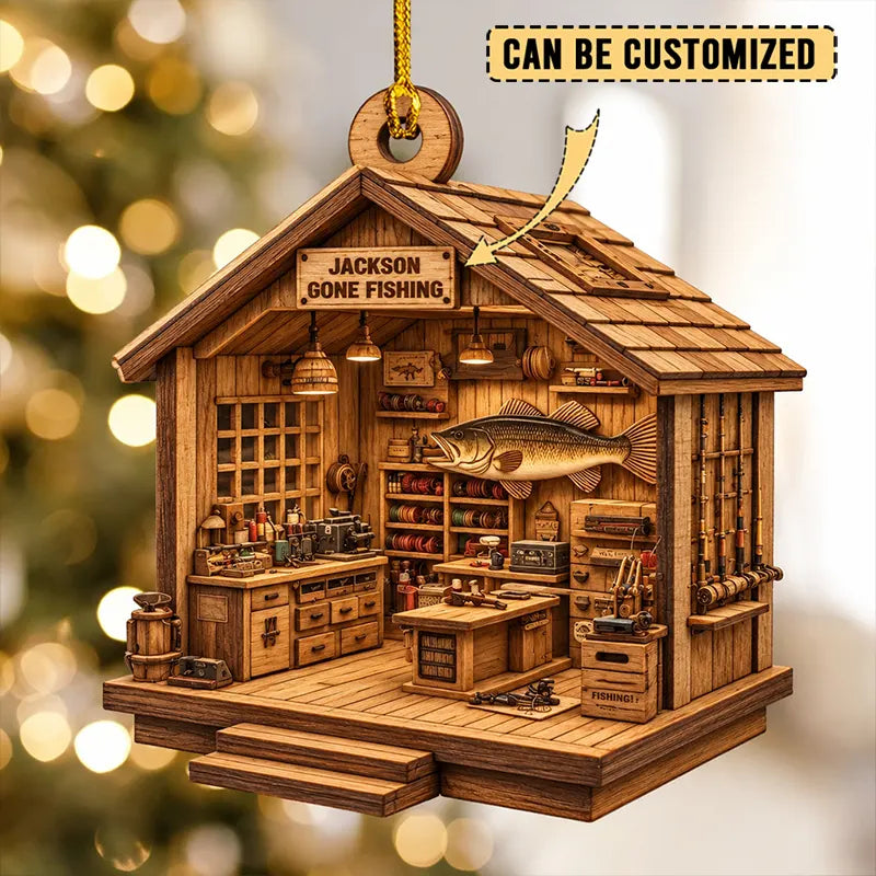 Personalized Fishing Cabin Christmas Wooden Ornament
