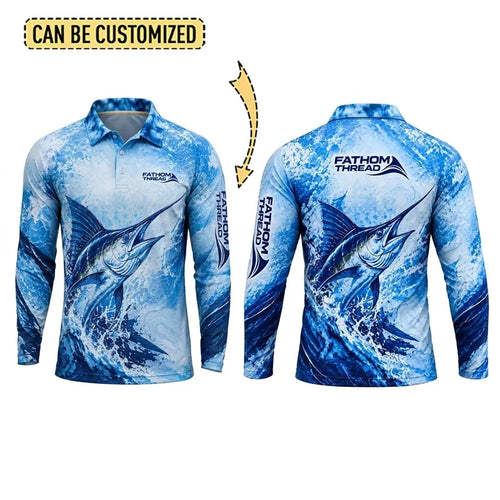 Personalized Deep Blue Predator Ocean Fishing Polo Long Sleeve Shirt