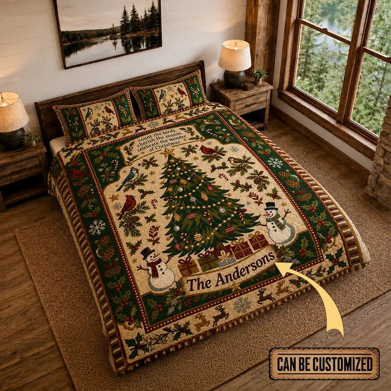 Personalized Christmas Birds Rustic Country Quilted Bedding Set