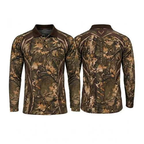 Fathom Threads Deer Antler Camo Hunting Polo Long Sleeve Shirt