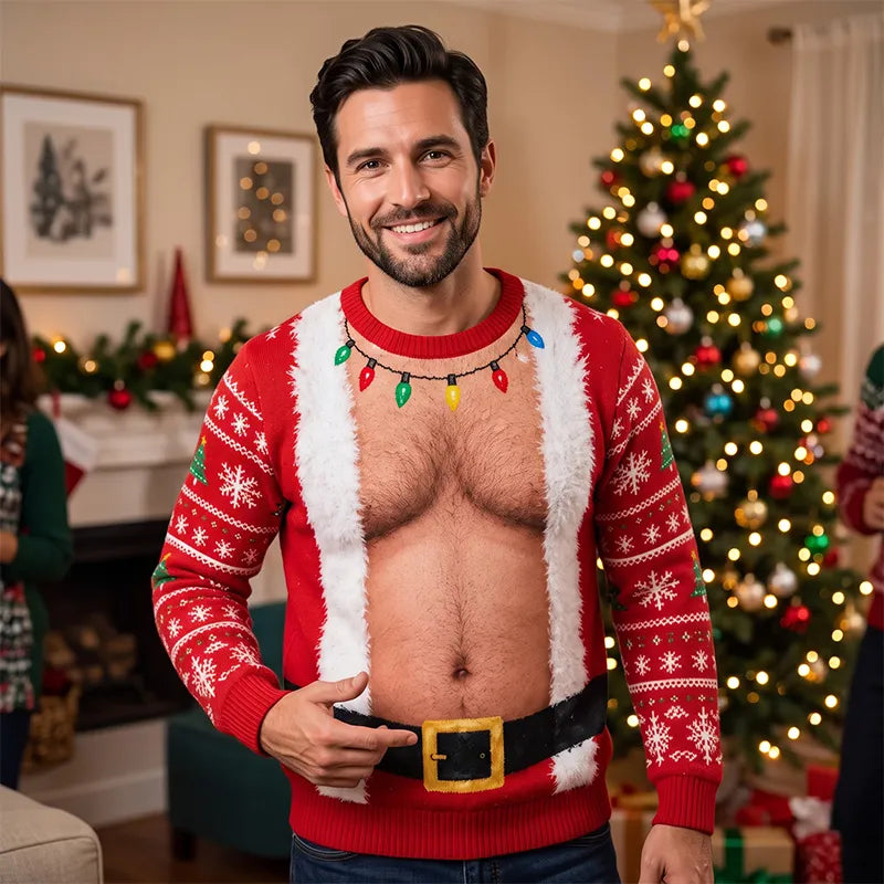 Santa Hairy Belly Funny 3D Ugly Christmas Sweater