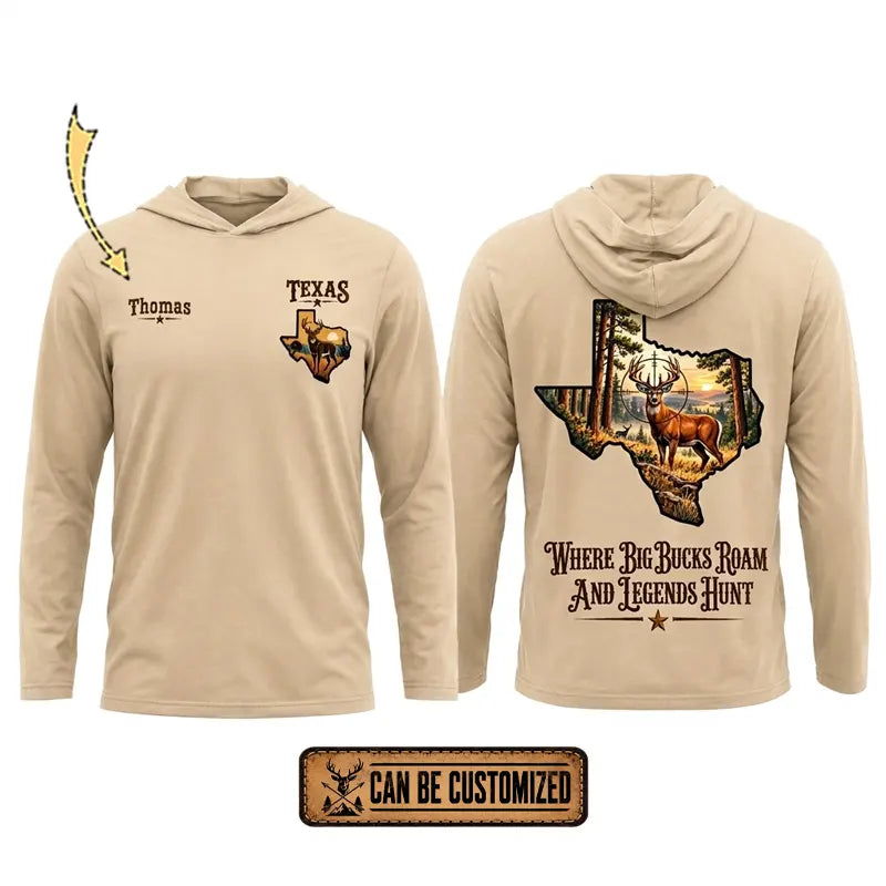 Personalized Texas Big Buck Hunting Hooded Long Sleeve Shirt