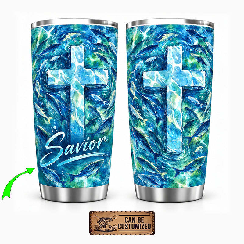 Personalized Savior Cross Ocean Fish Watercolor 20oz Tumbler