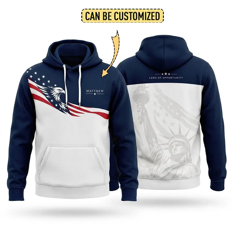 Personalized Land Of Opportunity Bald Eagle American Flag Hoodie
