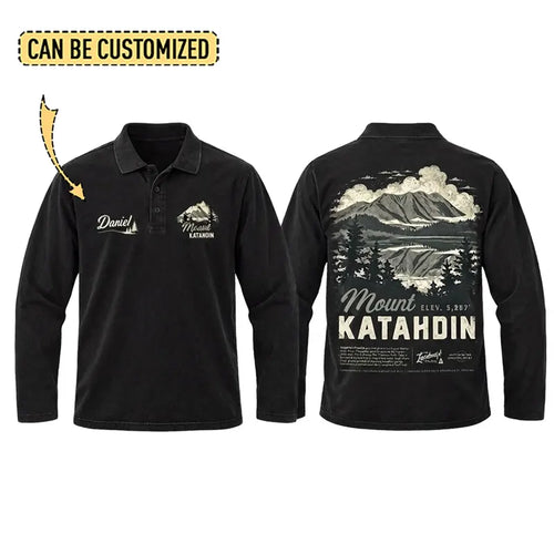 Personalized Mount Katahdin Vintage Hiking Polo Long Sleeve Shirt