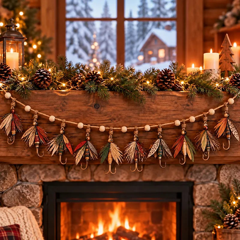 Vintage Fly Fishing Lures Fireplace Wooden Garland