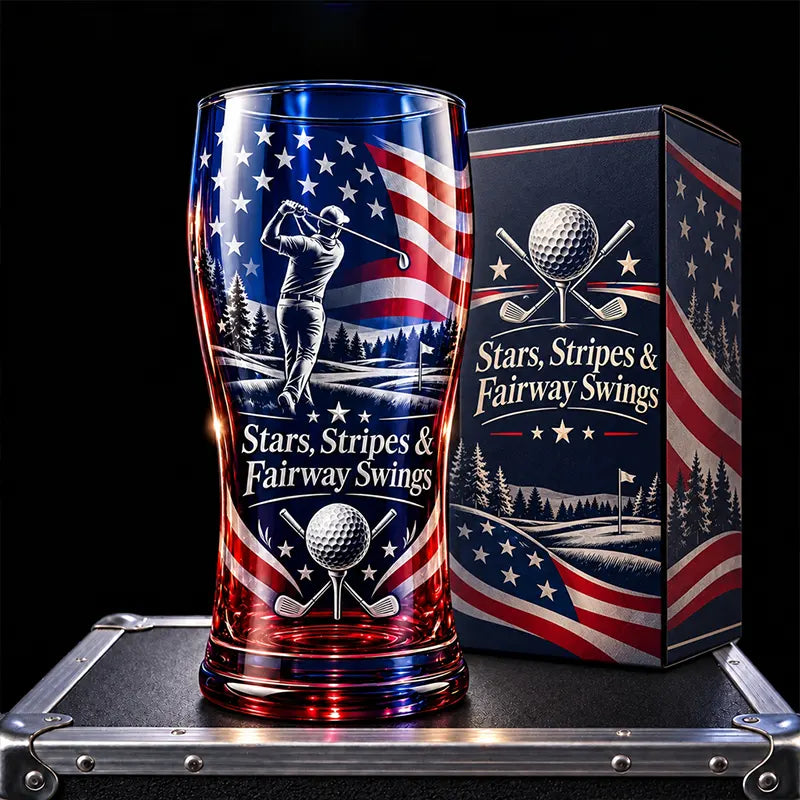 Personalized Stars Stripes & Fairway Swings Patriotic Golf Drinking Glass