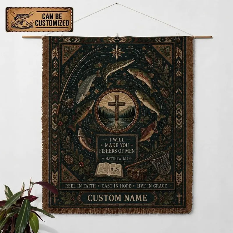 Personalized Trout Fishing Faith Matthew 4:19 Tassels Blanket