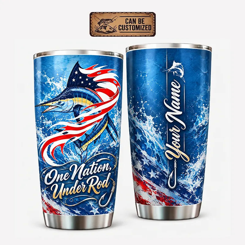 Custom Patriotic Marlin One Nation Under Rod Personalized 20oz Tumbler