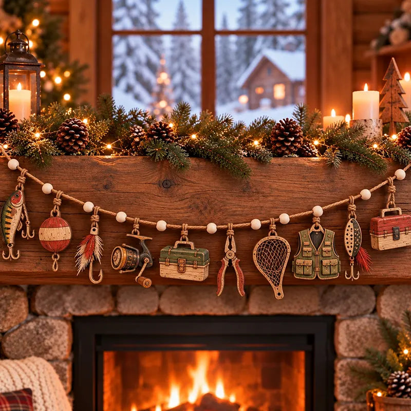 Rustic Fishing Cabin Fireplace Wooden Garland