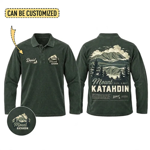 Personalized Mount Katahdin Vintage Hiking Polo Long Sleeve Shirt