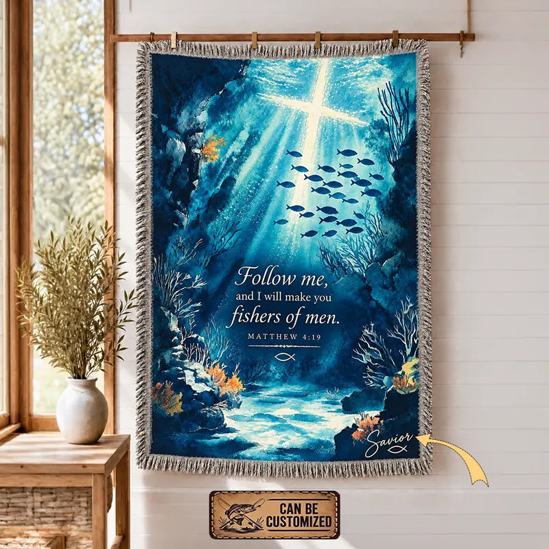 Personalized Matthew 4:19 Christian Fishing Ocean Tassels Blanket
