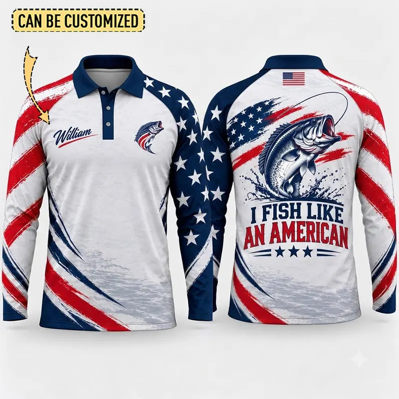 Custom American Bass Fishing Patriotic Polo Long Sleeve Shirt