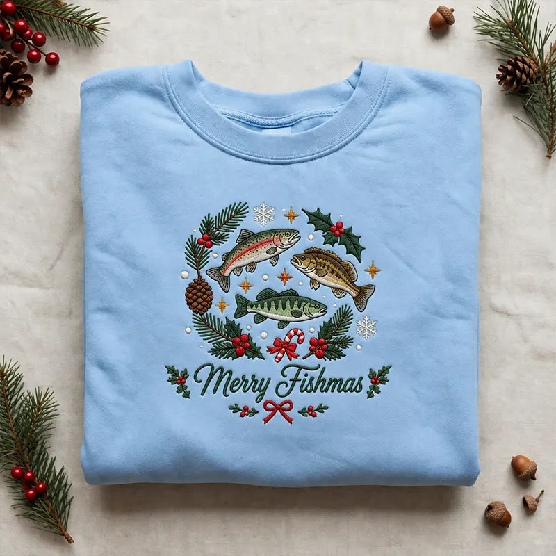 Merry Fishmas Personalized Christmas Fishing Sweater - Print & Embroidery