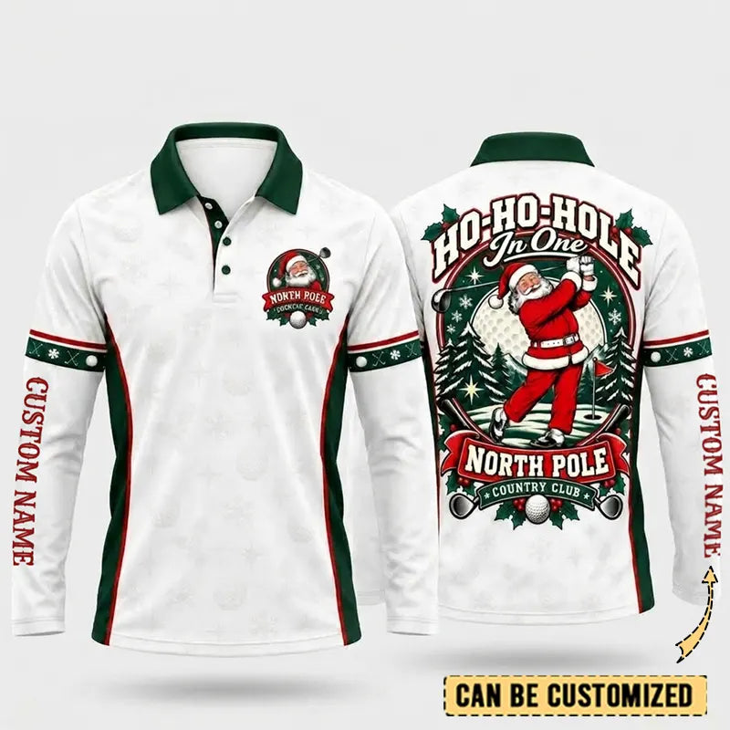 Ho Ho Hole Personalized Christmas Golf Long Sleeve Polo Shirt