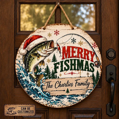 Personalized Merry Fishmas Christmas Round Door Sign