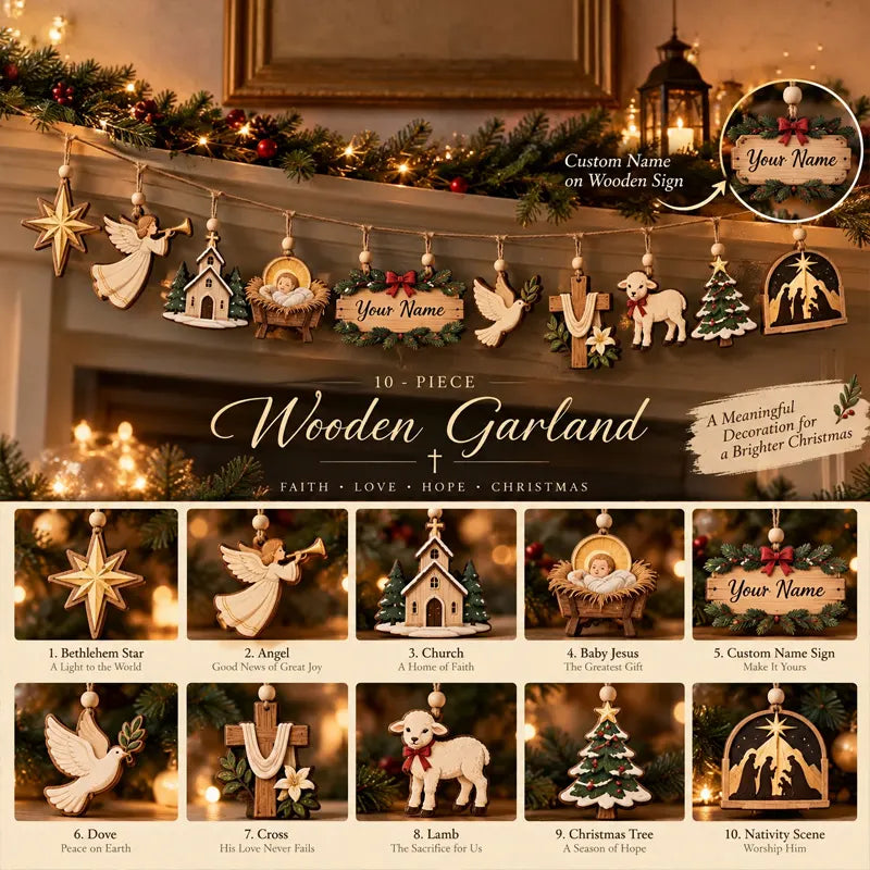 Personalized Christian Christmas 10-Piece Wooden Garland