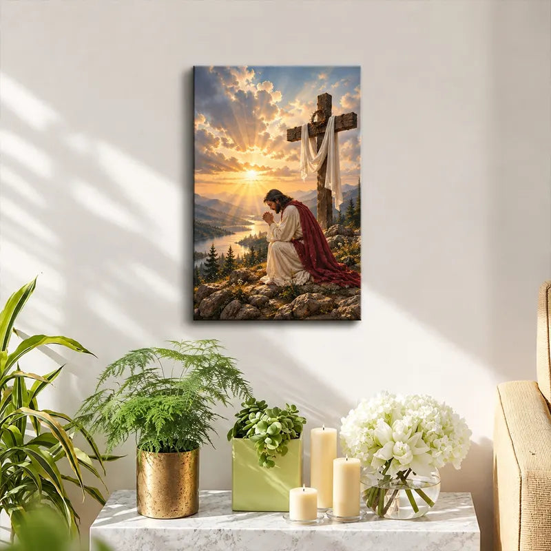 Praying Jesus at the Cross Christian Canvas Print