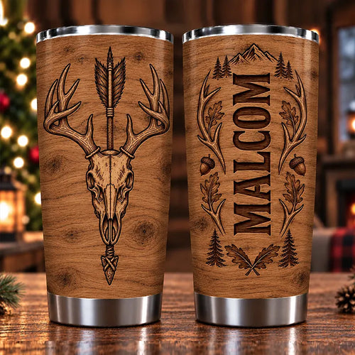 Personalized 20oz Deer Skull Antler Wood Grain Tumbler