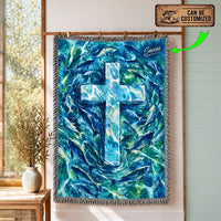 Personalized Catholic Cross Ocean Fish Woven Tassels Blanket