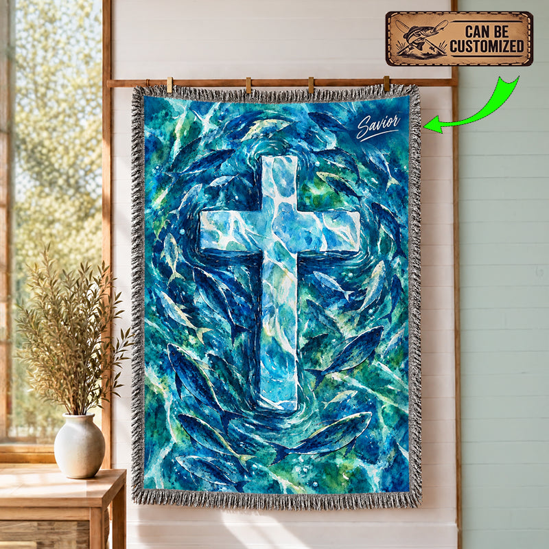 Personalized Catholic Cross Ocean Fish Woven Tassels Blanket