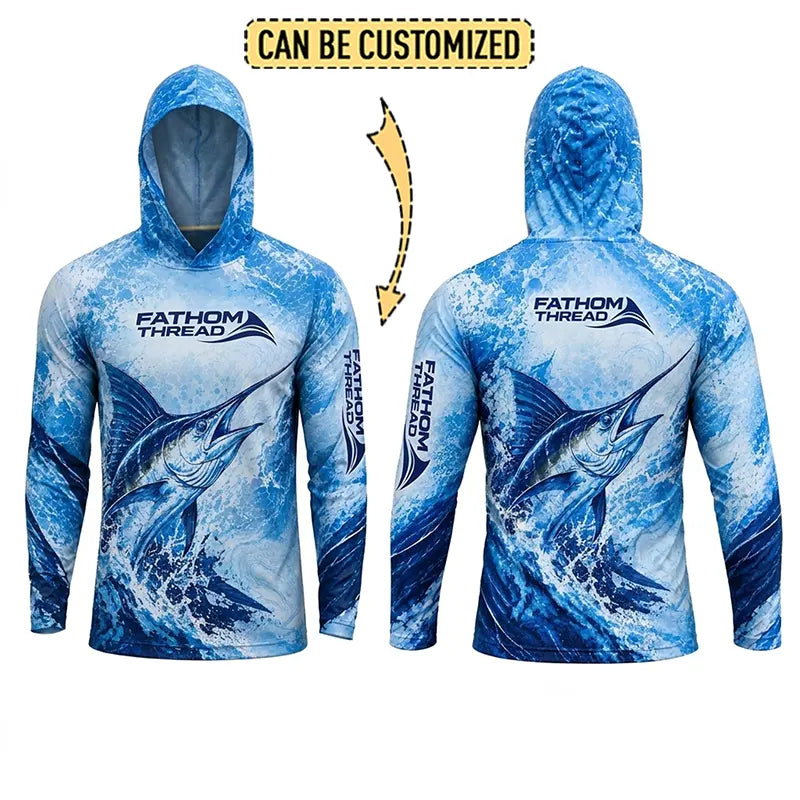 Personalized Deep Blue Predator Ocean Fishing Hooded Long Sleeve Shirt