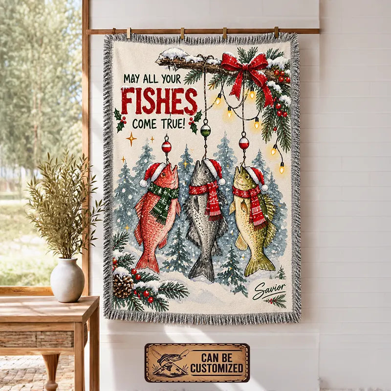 May All Your Fishes Come True Christmas Fishing Tassels Blanket
