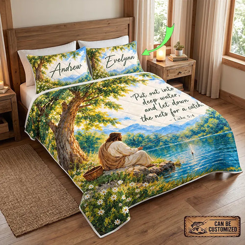 Jesus Fishing Luke 5:4 Christian Quilt Bedding Set