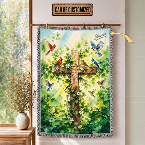 Savior Christian Cross Birds Woven Tassel Blanket