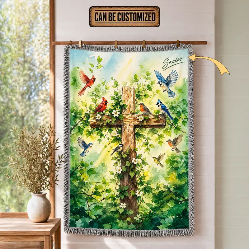 Savior Christian Cross Birds Woven Tassel Blanket