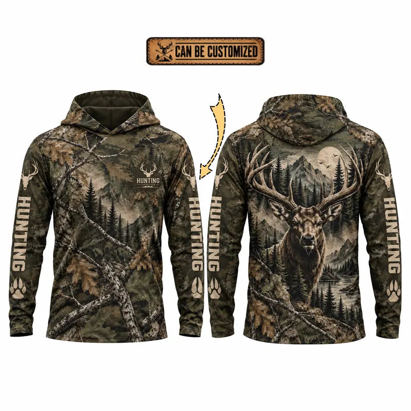 Real Tree Camo Elk Hunting Graphic Hooded Long Sleeve Shirt