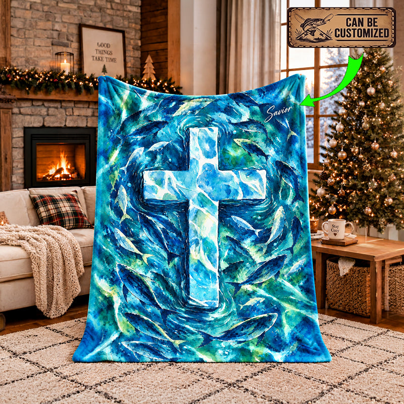 Personalized Savior Cross Ocean Fish Christian Fleece Blanket
