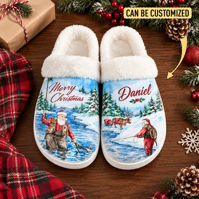 Personalized Christmas Fishing Santa & Reindeer Faux Fur Slippers