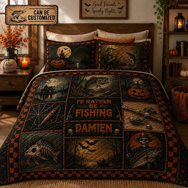 Personalized I'd Rather Go Fishing Quilted Bedding Set