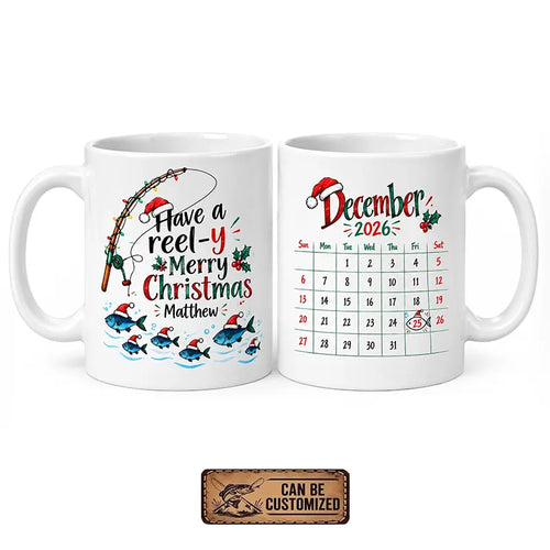 Personalized Have a Reel-y Merry Christmas 2026 Black Fishing Mug