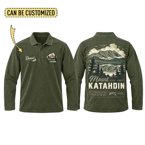 Personalized Mount Katahdin Vintage Hiking Polo Long Sleeve Shirt