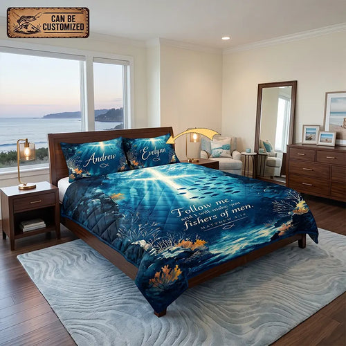 Personalized Matthew 4:19 Christian Fishing Ocean Quilt Bedding Set