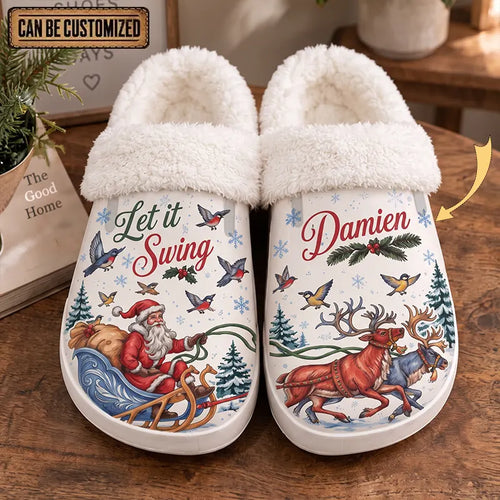 Personalized Let It Swing Christmas Reindeer Fur Slippers