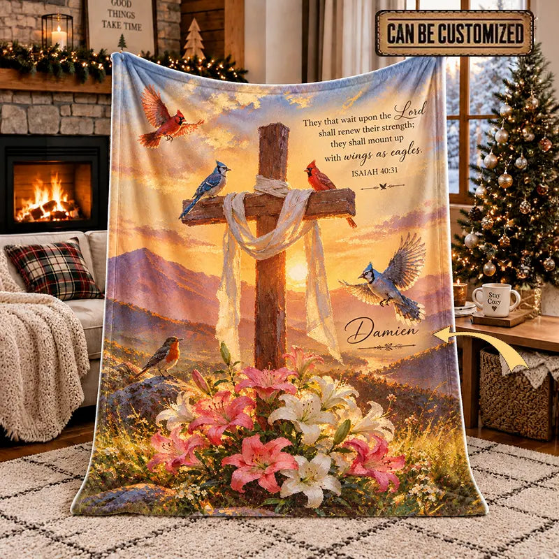 Personalized Isaiah 40:31 Christian Cross Birds Fleece Blanket