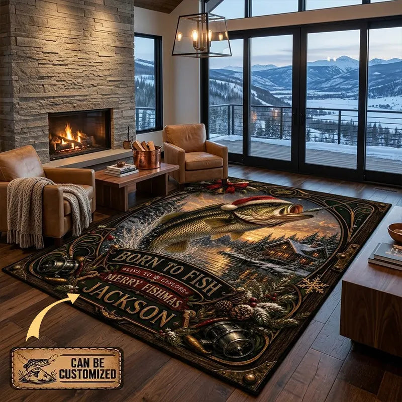 Personalized Christmas Bass Fishing Merry Fishmas Vintage Rug