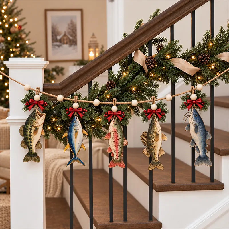 Christmas Fishing River Lodge Rustic Holiday Wooden Garland