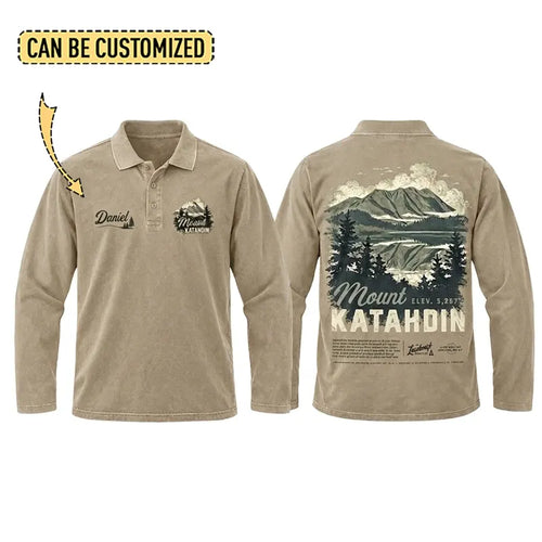 Personalized Mount Katahdin Vintage Hiking Polo Long Sleeve Shirt