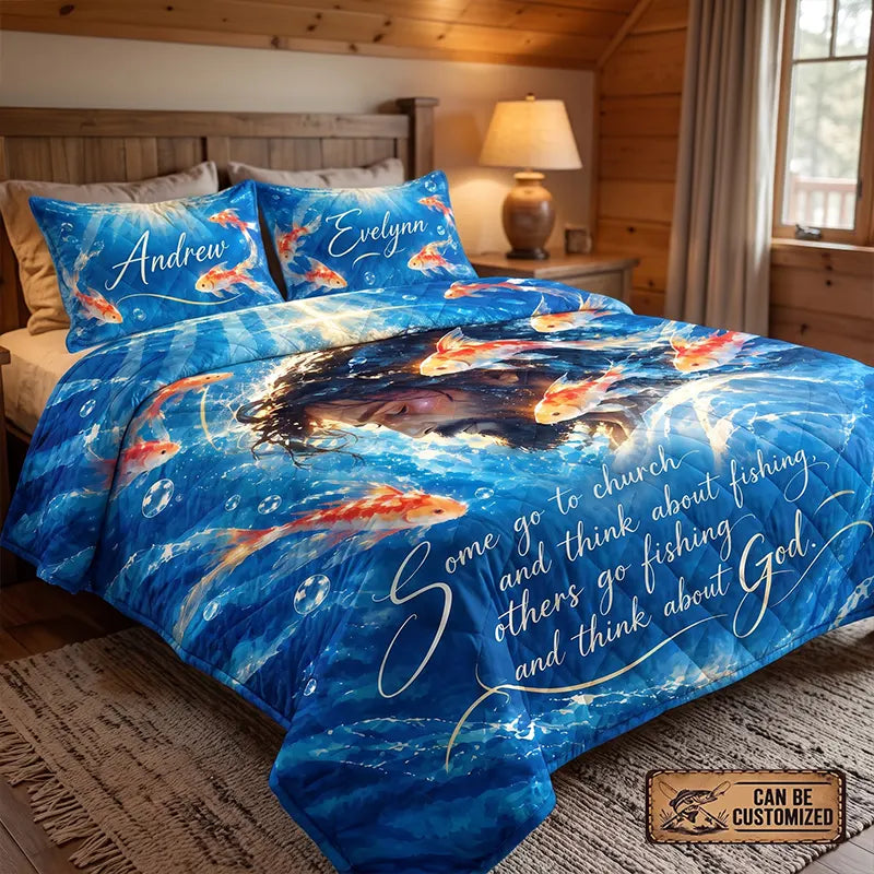 Christian Fishing Jesus Personalized Couple Quilt Bedding Set
