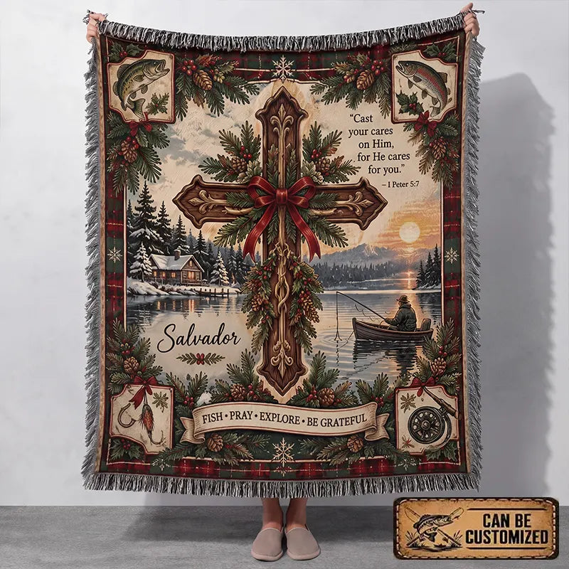 Cast Your Cares On Him Fishing Faith Tassels Blanket