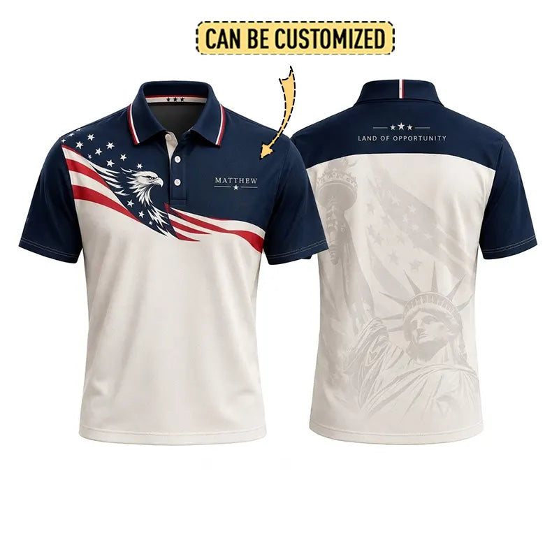 Personalized Land Of Opportunity Bald Eagle American Flag Polo Shirt